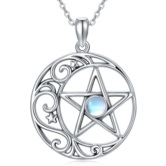 Collier en argent sterling avec pendentif en pierre de lune ronde, lune et pentagramme