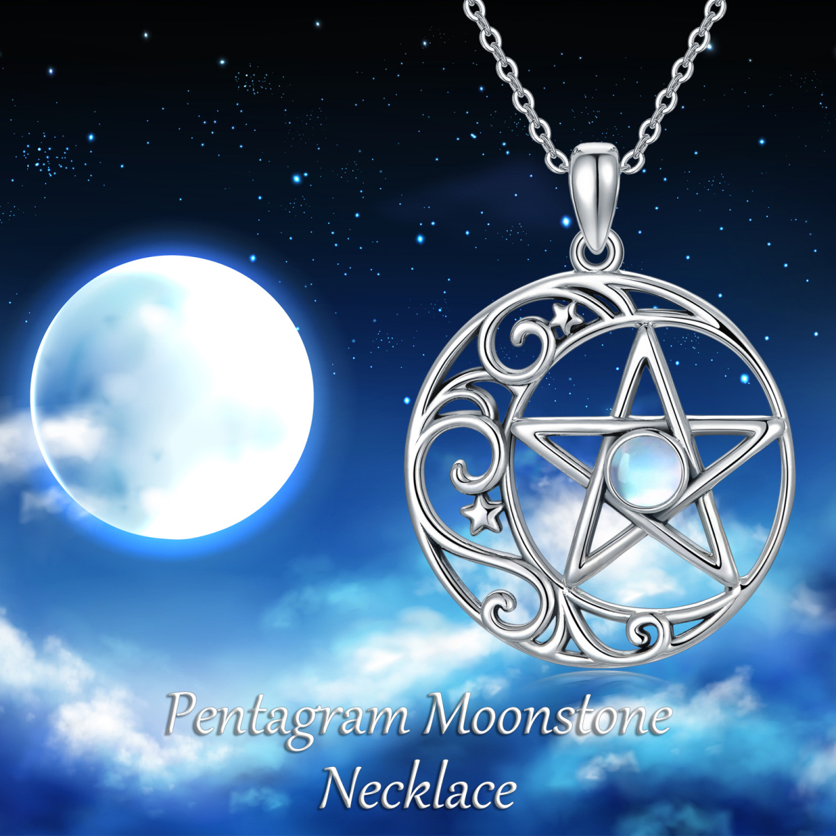 Sterling Silver Round Moonstone Moon & Pentagram Pendant Necklace-3