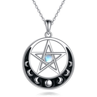 Sterling Silver Round Moonstone Moon & Pentagram Pendant Necklace-27