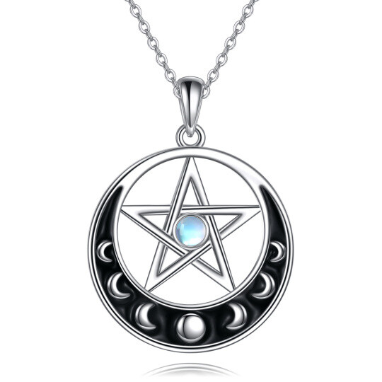 Collier en argent sterling avec pendentif en pierre de lune ronde, lune et pentagramme