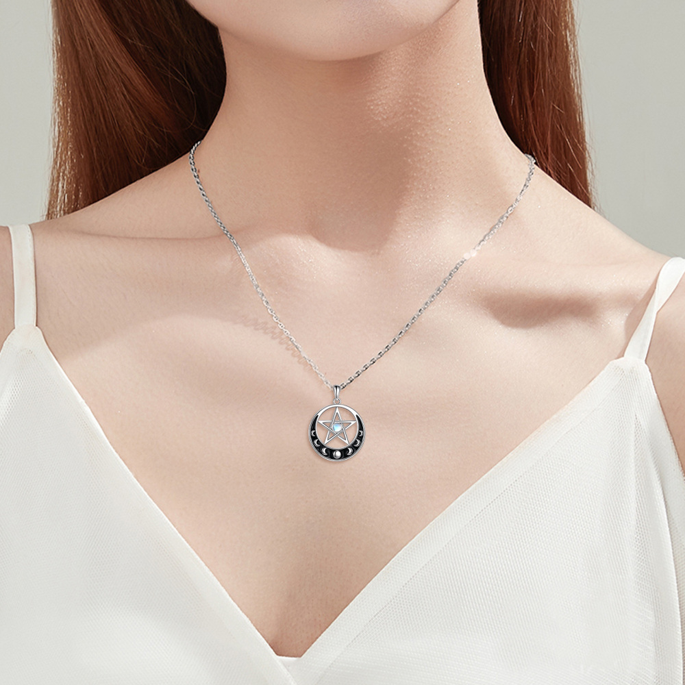 Sterling Silver Round Moonstone Moon & Pentagram Pendant Necklace-2
