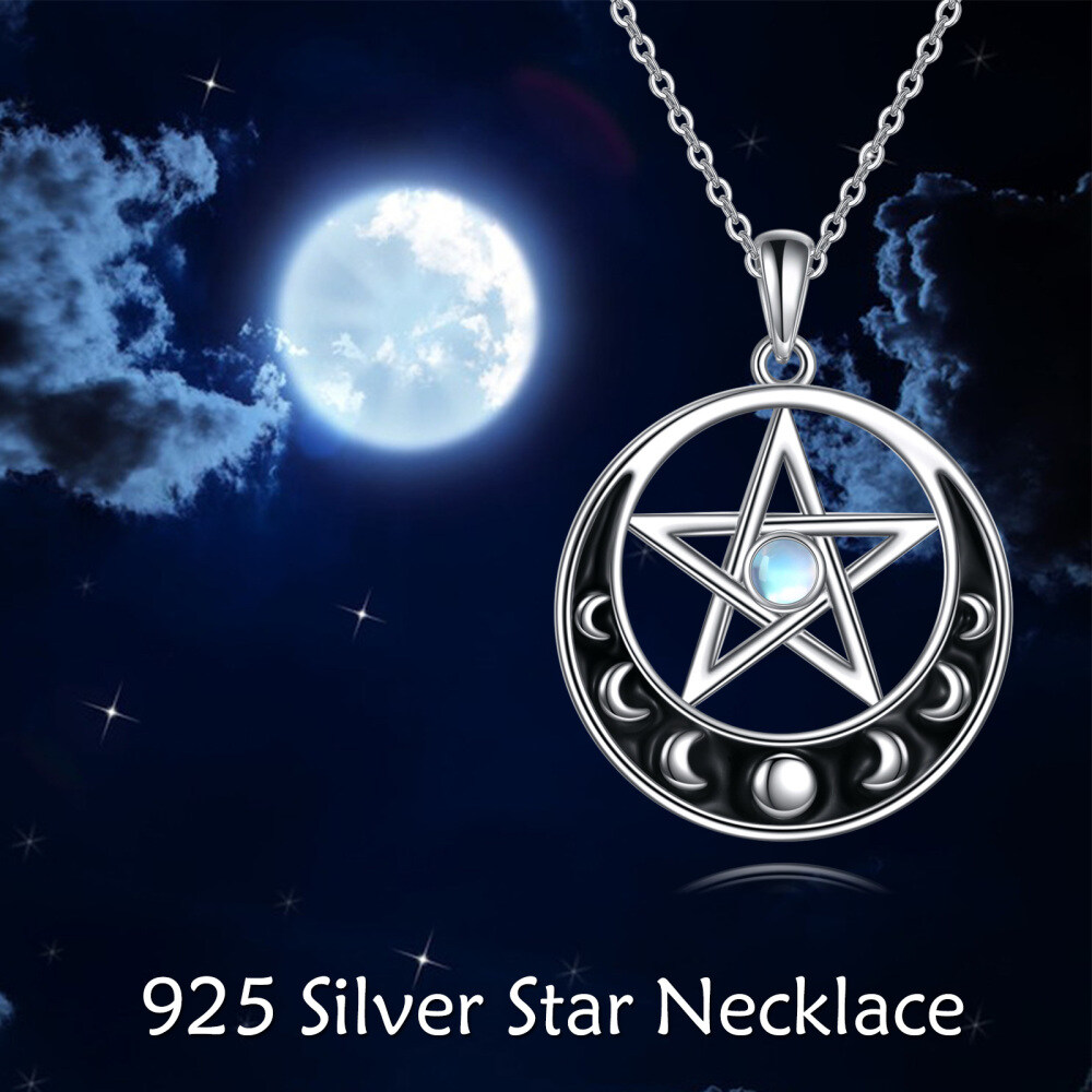 Sterling Silver Round Moonstone Moon & Pentagram Pendant Necklace-3