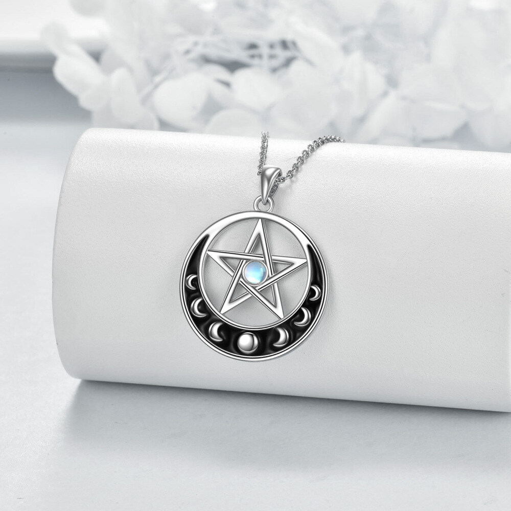 Sterling Silver Round Moonstone Moon & Pentagram Pendant Necklace-4