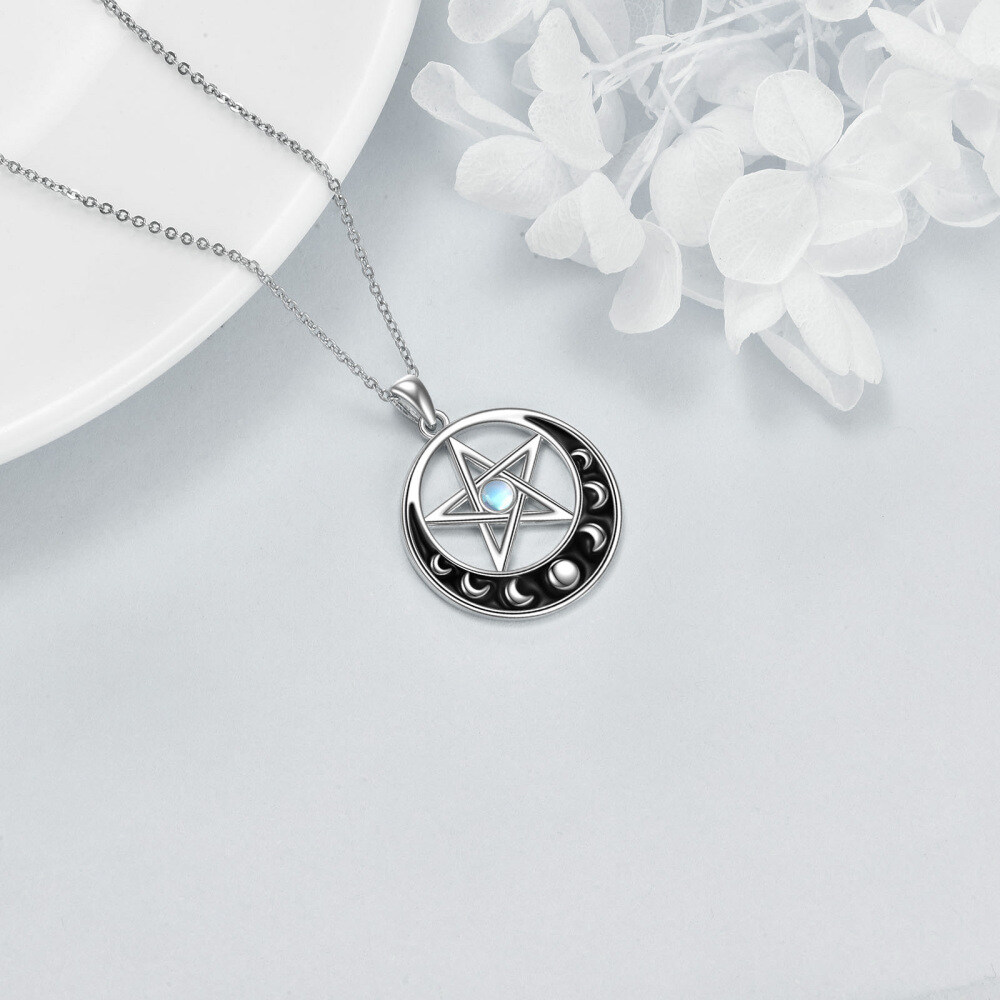 Sterling Silver Round Moonstone Moon & Pentagram Pendant Necklace-5
