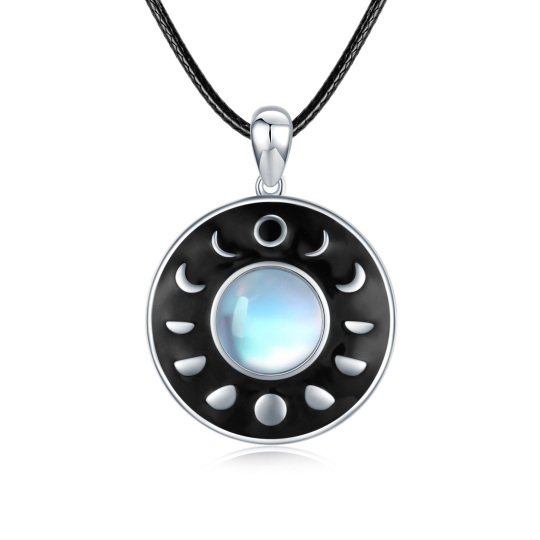 Sterling Silver Round Moonstone Moon Phases Pendant Necklace