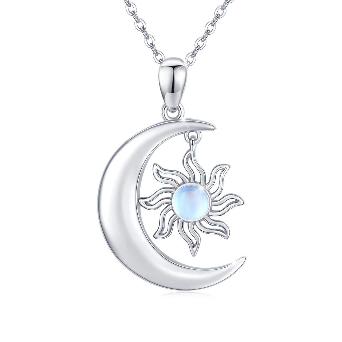 Sterling Silver Round Moonstone Moon & Sun Pendant Necklace-1