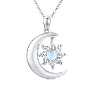 Sterling Silver Round Moonstone Moon & Sun Pendant Necklace-36