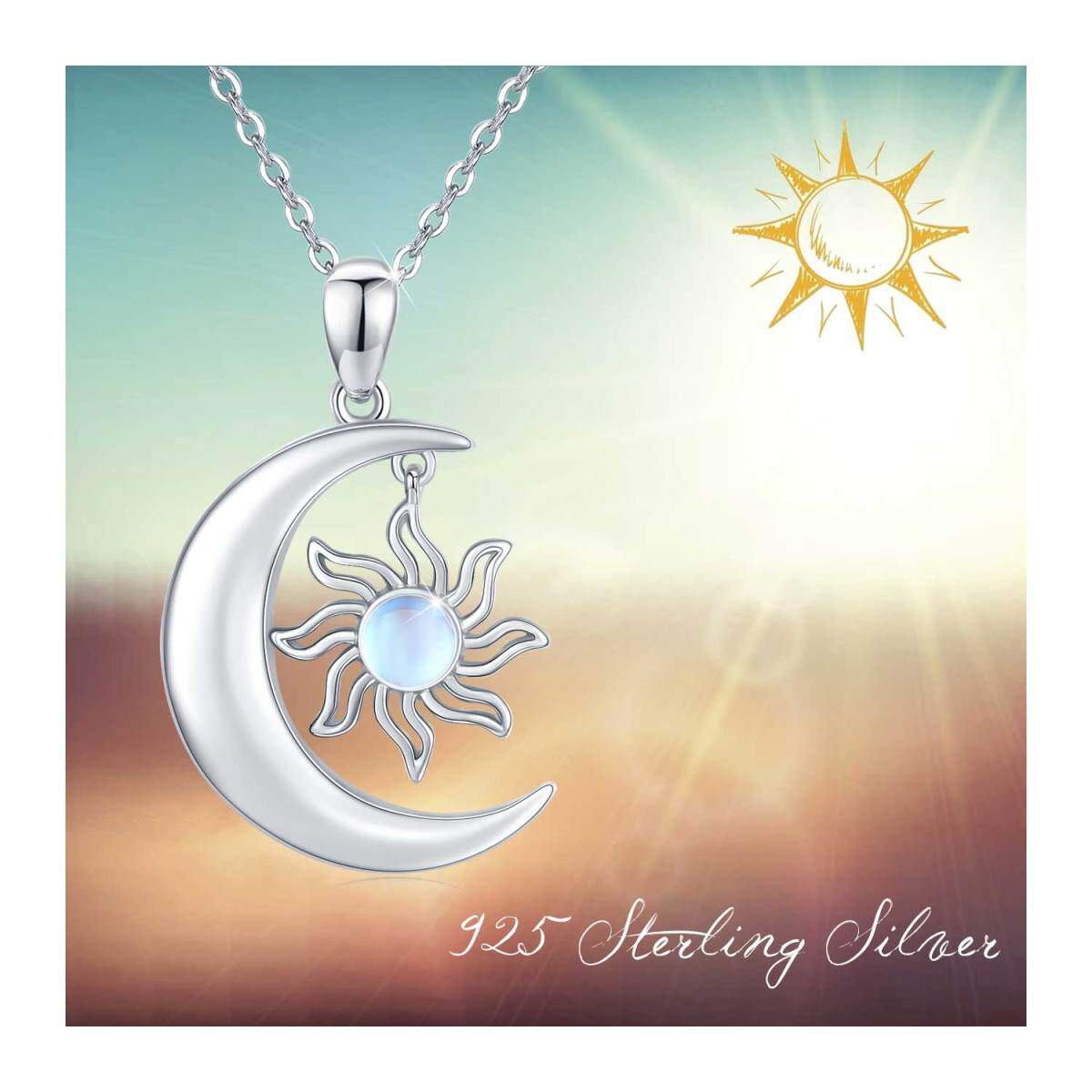 Sterling Silver Round Moonstone Moon & Sun Pendant Necklace-4