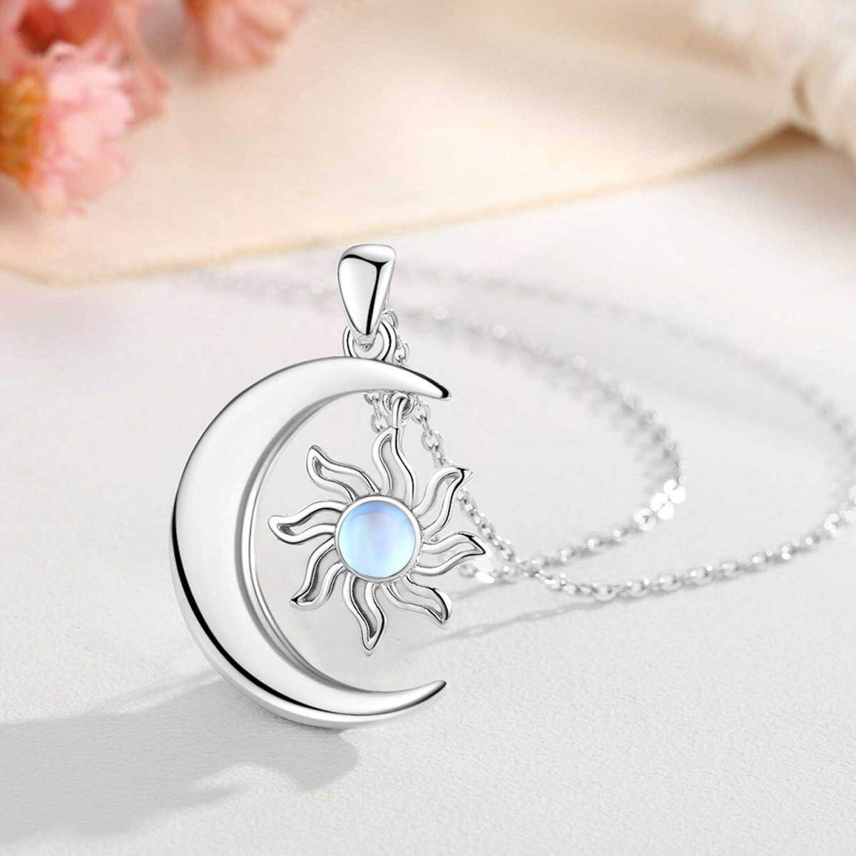 Sterling Silver Round Moonstone Moon & Sun Pendant Necklace-5