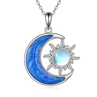 Sterling Silver Round Moonstone Moon & Sun Pendant Necklace-2