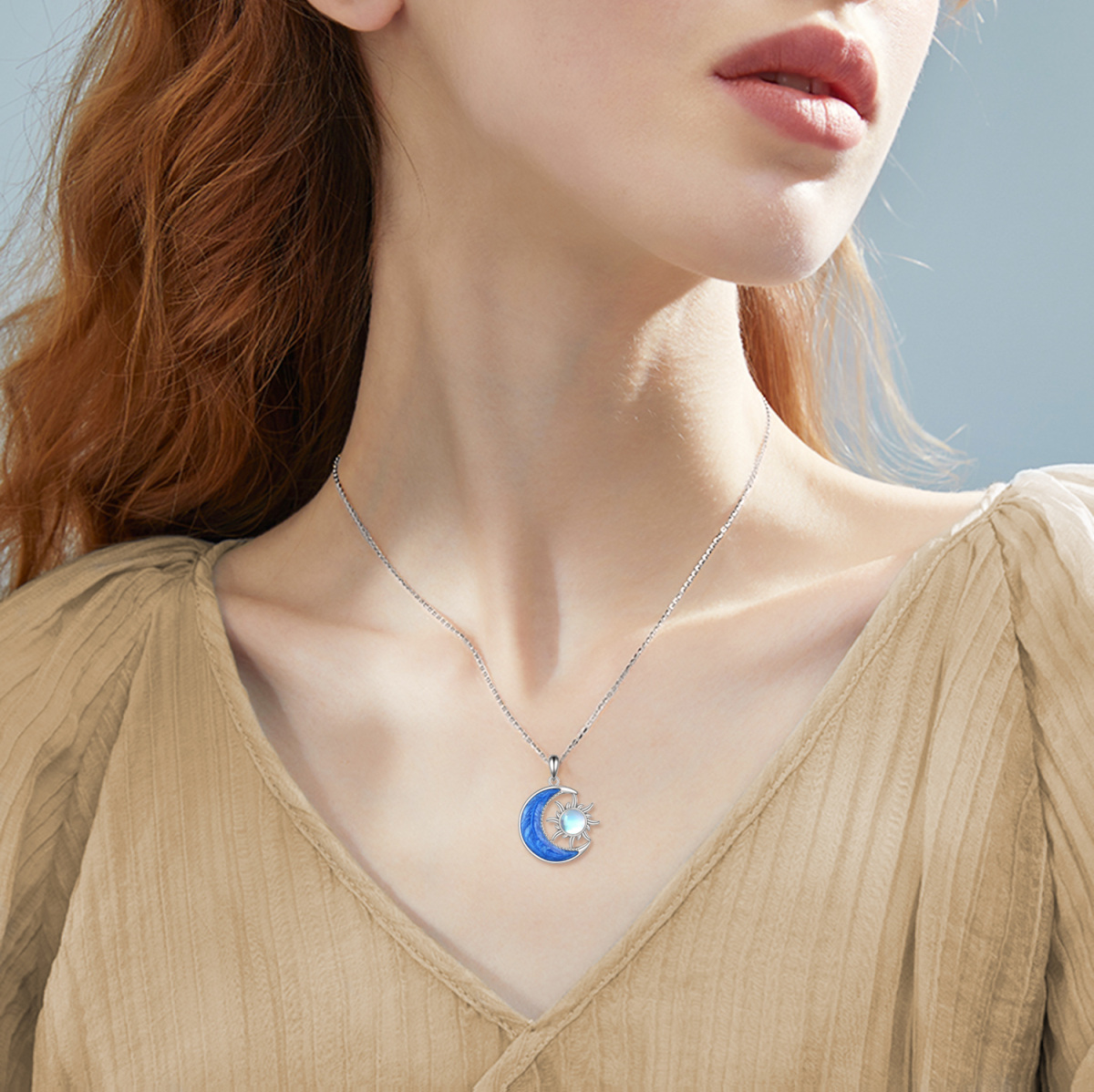 Sterling Silver Round Moonstone Moon & Sun Pendant Necklace-2