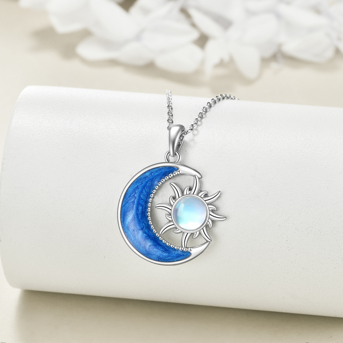 Sterling Silver Round Moonstone Moon & Sun Pendant Necklace-3