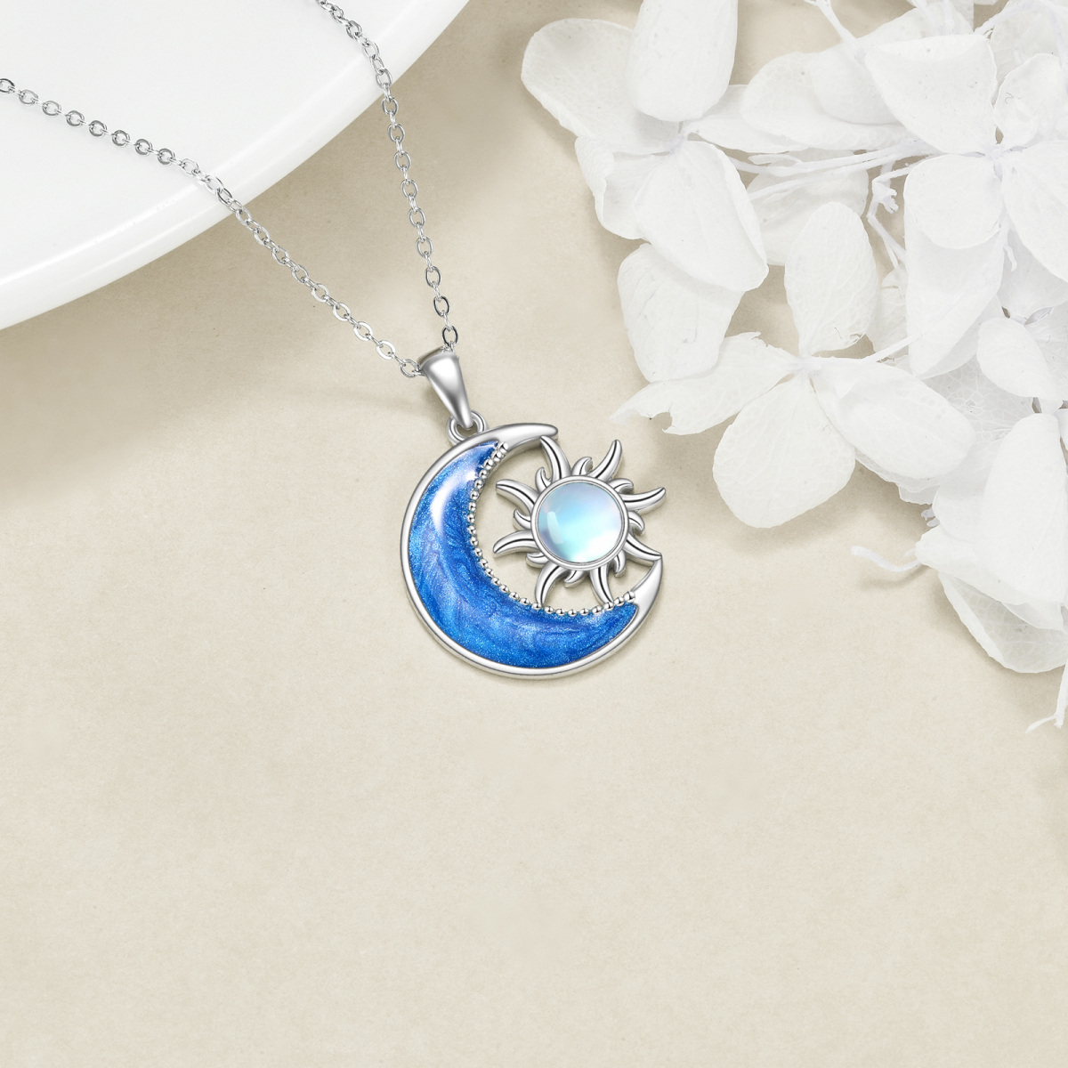 Sterling Silver Round Moonstone Moon & Sun Pendant Necklace-4