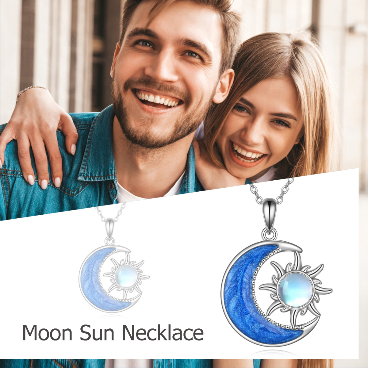 Sterling Silver Round Moonstone Moon & Sun Pendant Necklace-5