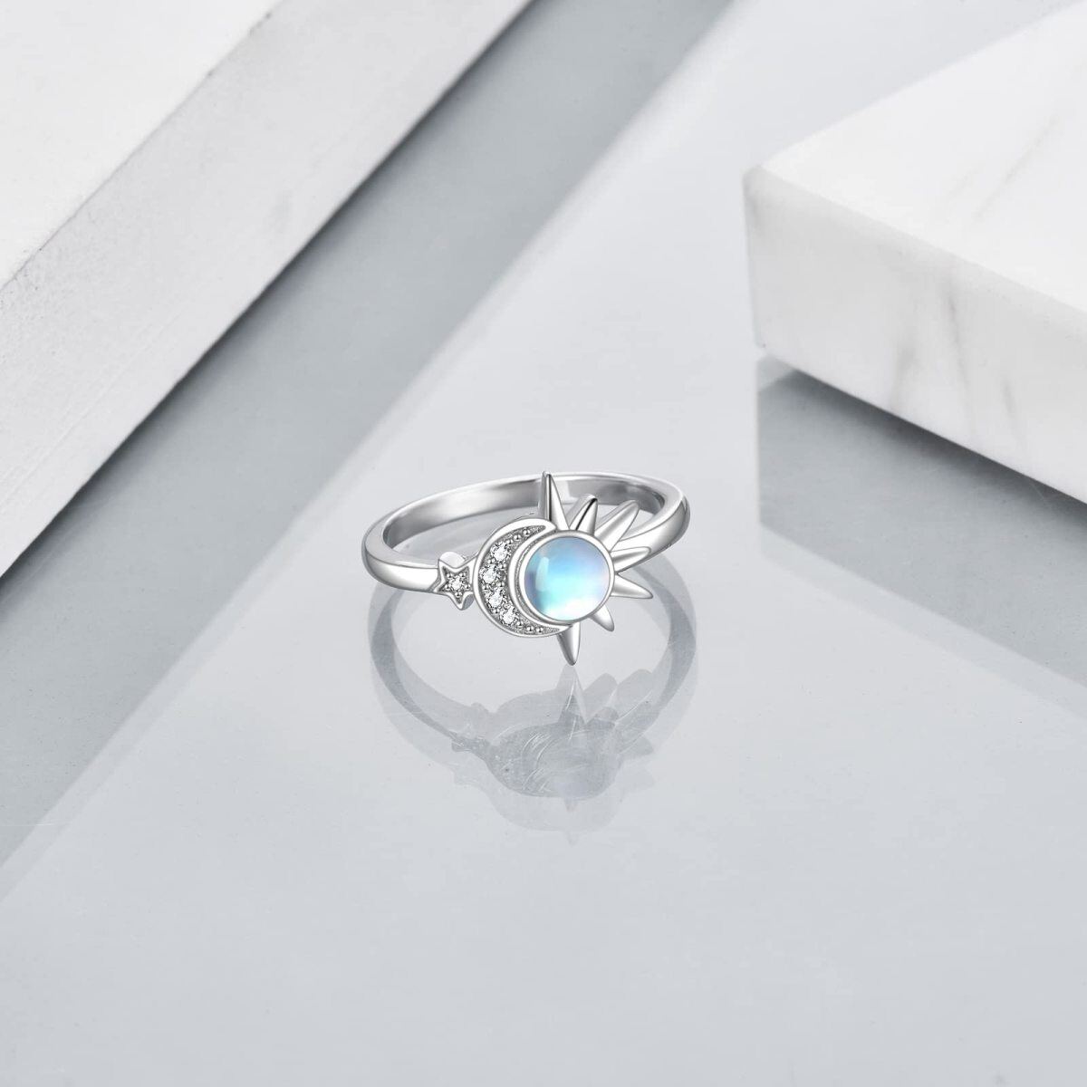 Sterling Silver Round Moonstone Moon & Sun Ring-3