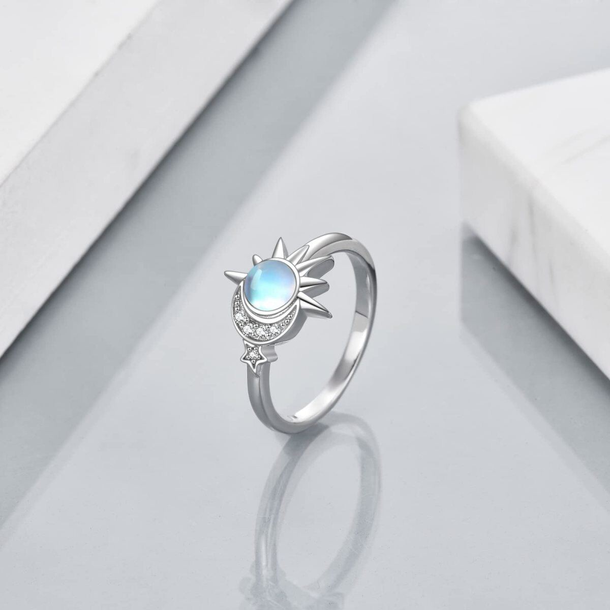 Sterling Silver Round Moonstone Moon & Sun Ring-4