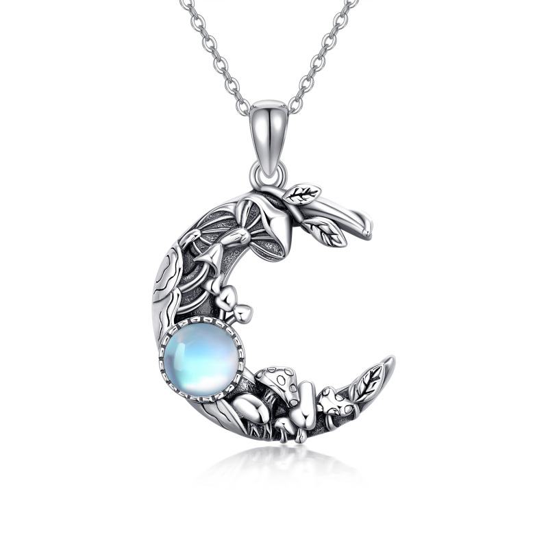 Collana con ciondolo in argento sterling con pietra lunare rotonda e fungo