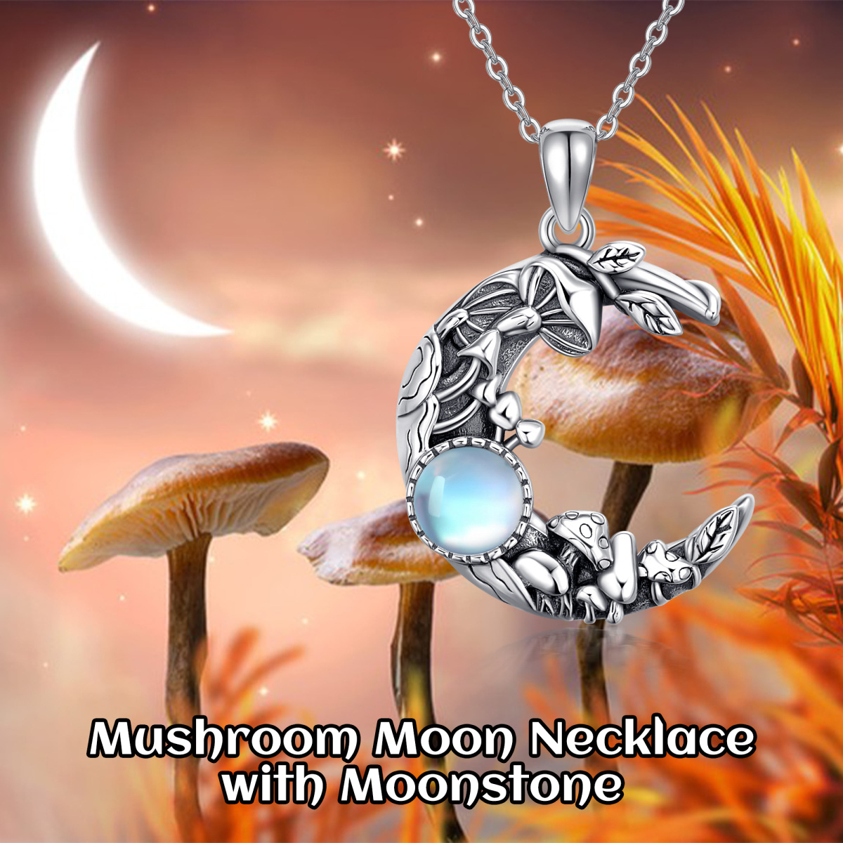 Sterling Silver Round Moonstone Mushroom & Moon Pendant Necklace-3