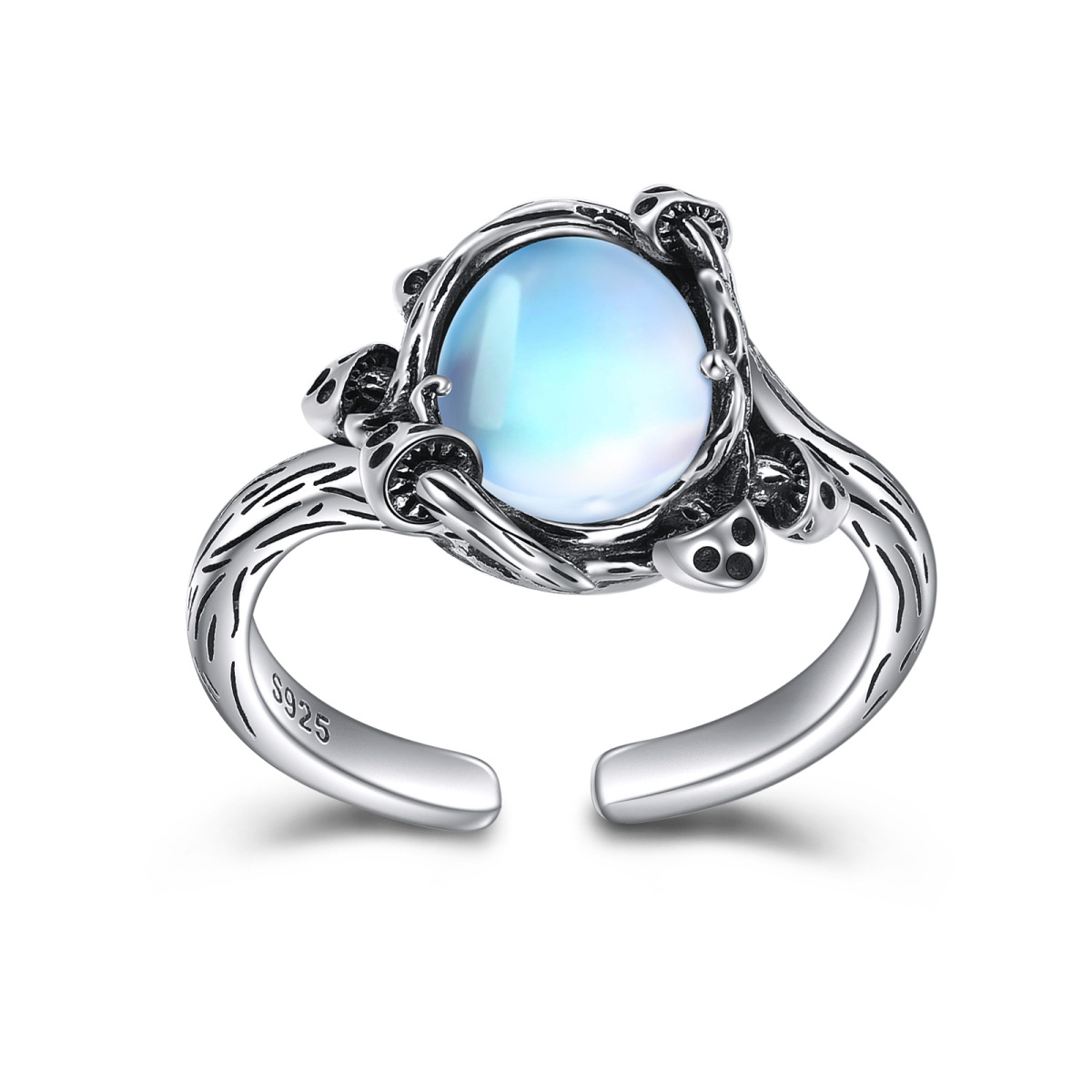 Sterling Silver Round Moonstone Mushroom Open Ring-1