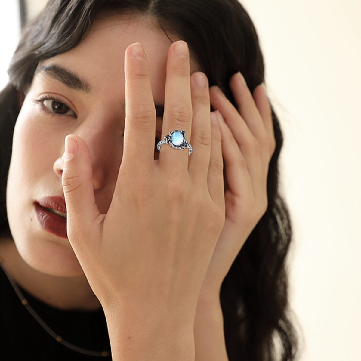 Sterling Silver Round Moonstone Mushroom Open Ring-2