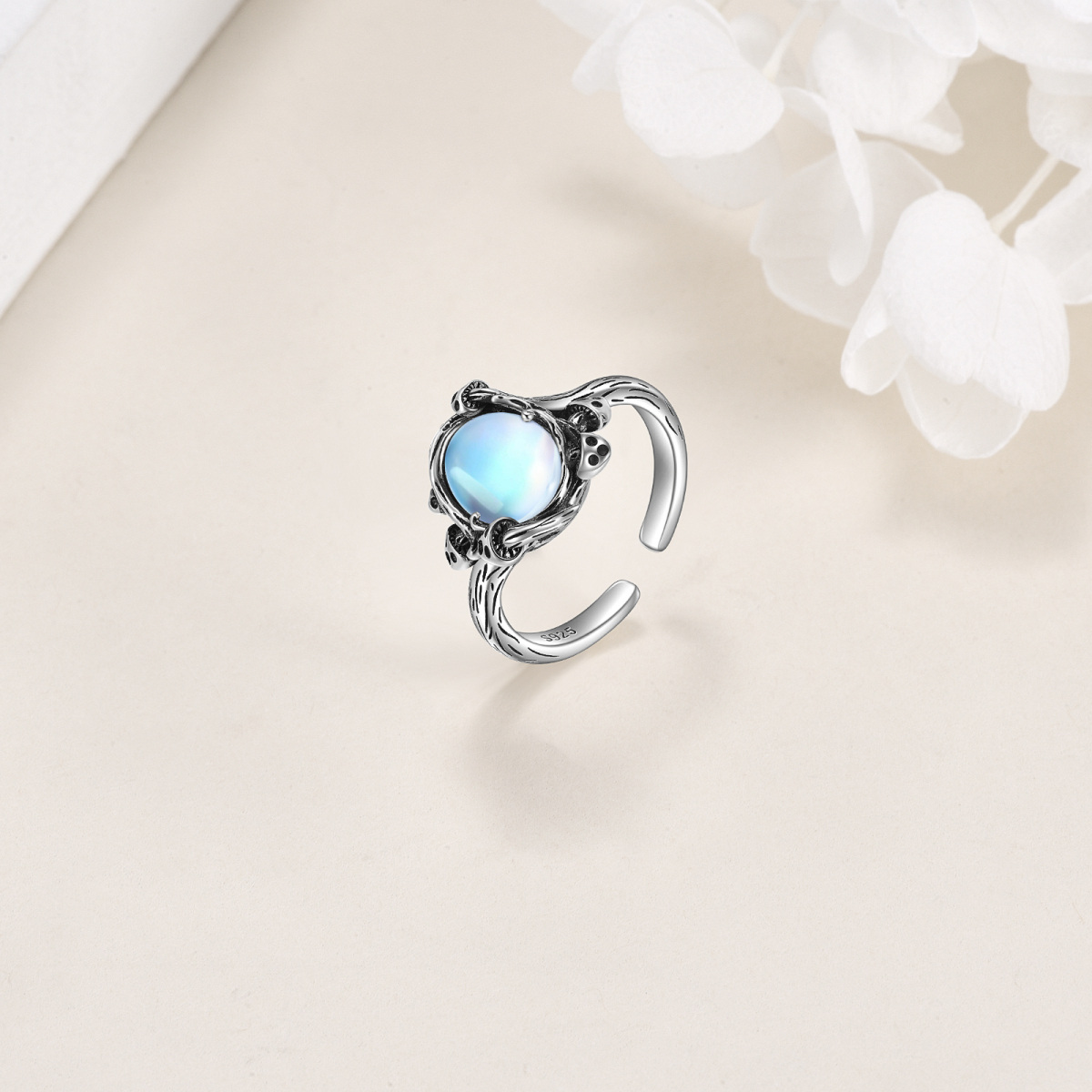 Sterling Silver Round Moonstone Mushroom Open Ring-3