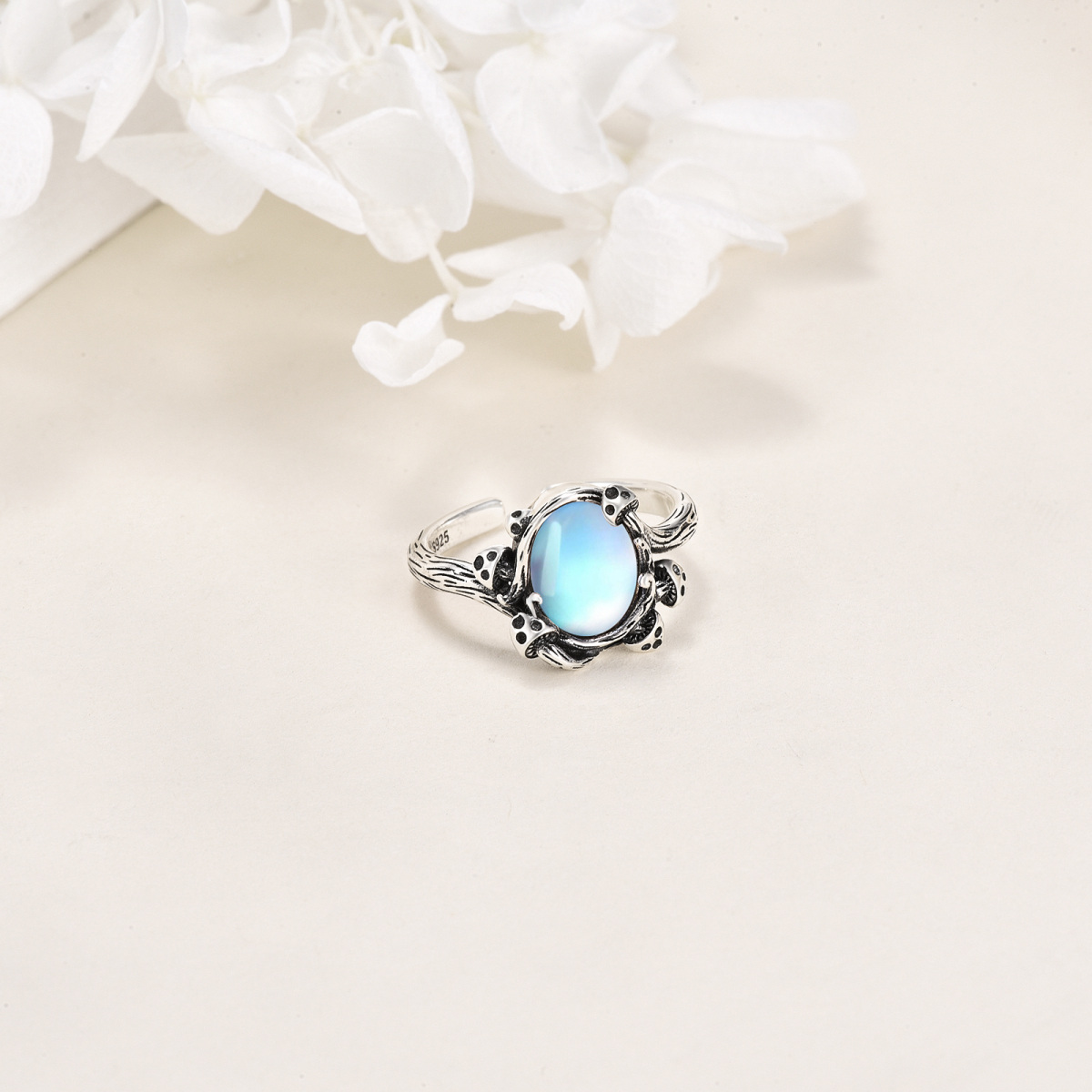 Sterling Silver Round Moonstone Mushroom Open Ring-4