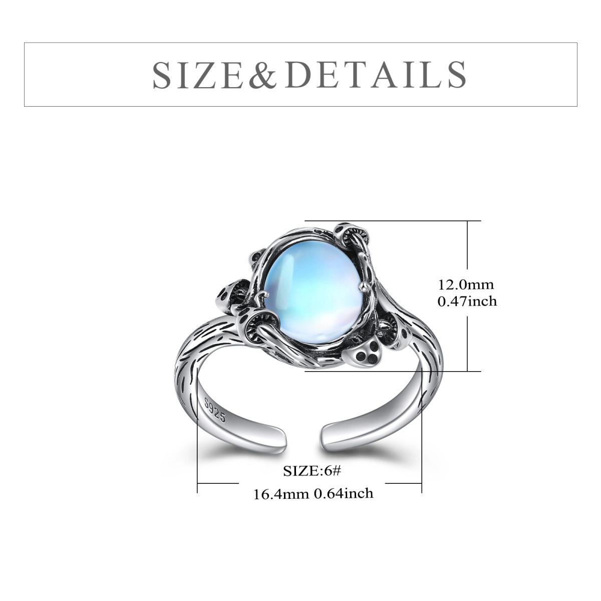 Sterling Silver Round Moonstone Mushroom Open Ring-5