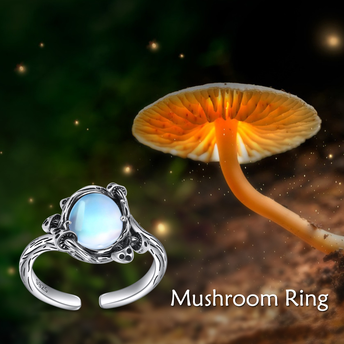 Sterling Silver Round Moonstone Mushroom Open Ring-6