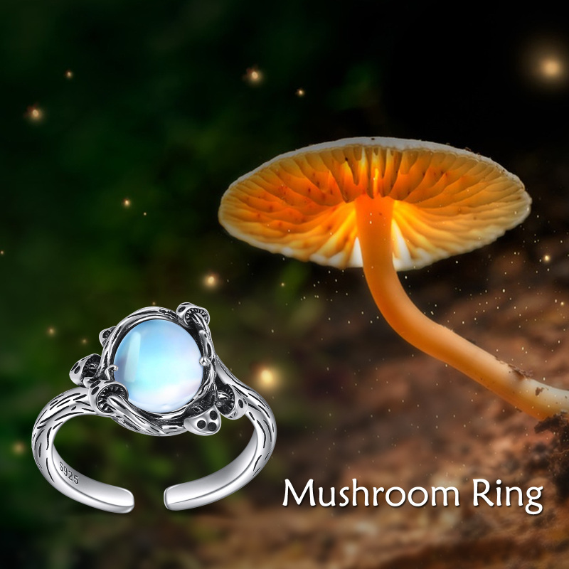 Sterling Silver Round Moonstone Mushroom Open Ring-6