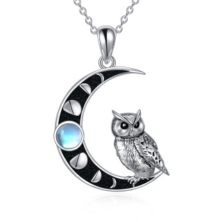 Sterling Silver Round Moonstone Owl & Moon Pendant Necklace-14