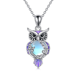 Sterling Silver Round Moonstone Owl Pendant Necklace-14