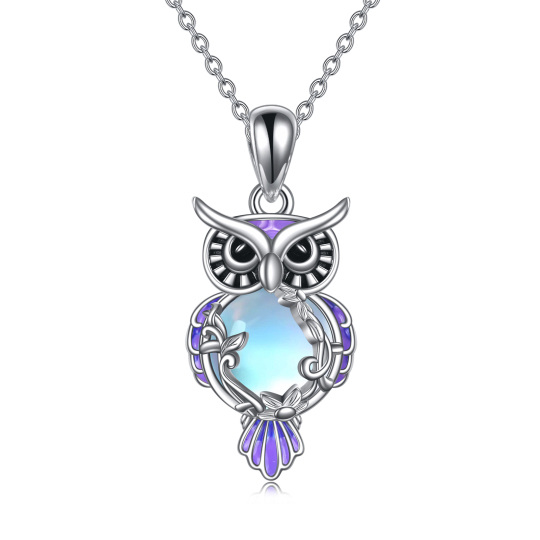 Sterling Silver Round Moonstone Owl Pendant Necklace