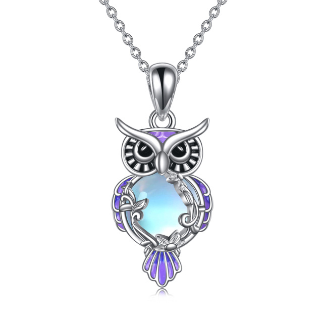 Sterling Silver Round Moonstone Owl Pendant Necklace-3