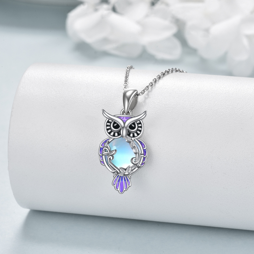 Sterling Silver Round Moonstone Owl Pendant Necklace-3