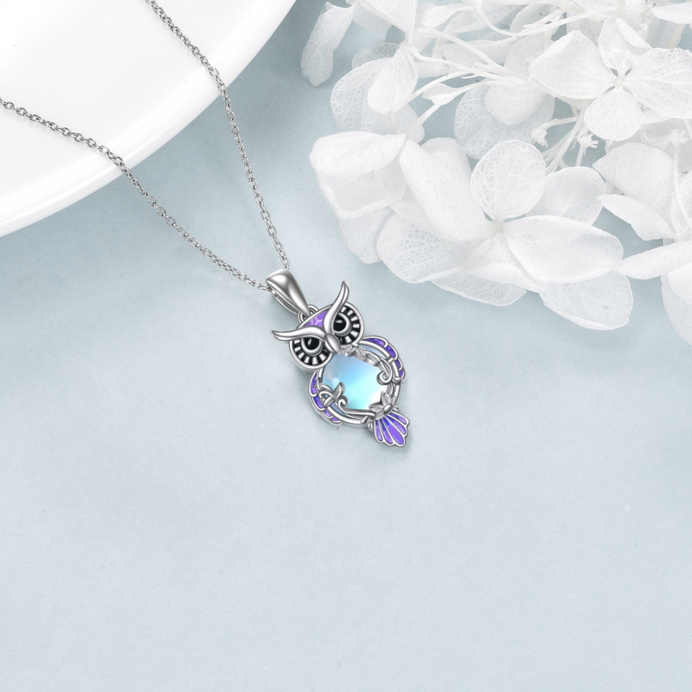 Sterling Silver Round Moonstone Owl Pendant Necklace-4