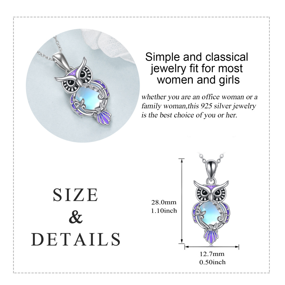 Sterling Silver Round Moonstone Owl Pendant Necklace-5