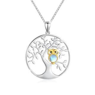 Sterling Silver Round Moonstone Owl & Tree Of Life Pendant Necklace-4