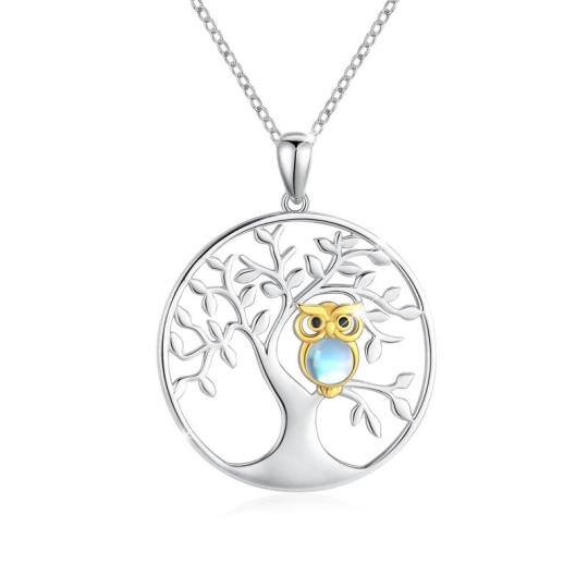 Sterling Silver Round Moonstone Owl & Tree Of Life Pendant Necklace