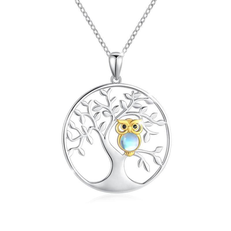 Sterling Silver Round Moonstone Owl & Tree Of Life Pendant Necklace-7