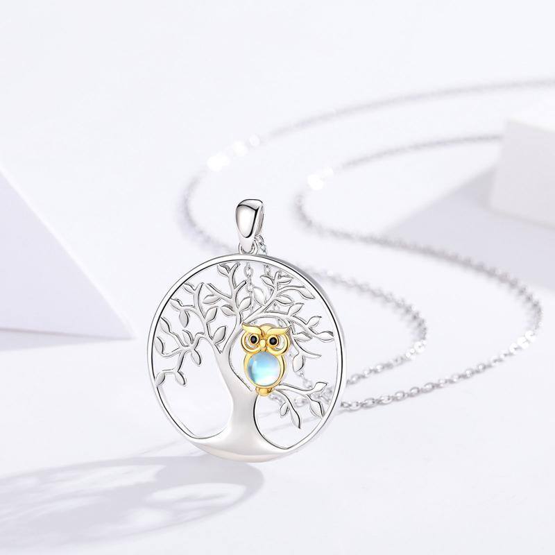 Sterling Silver Round Moonstone Owl & Tree Of Life Pendant Necklace-3