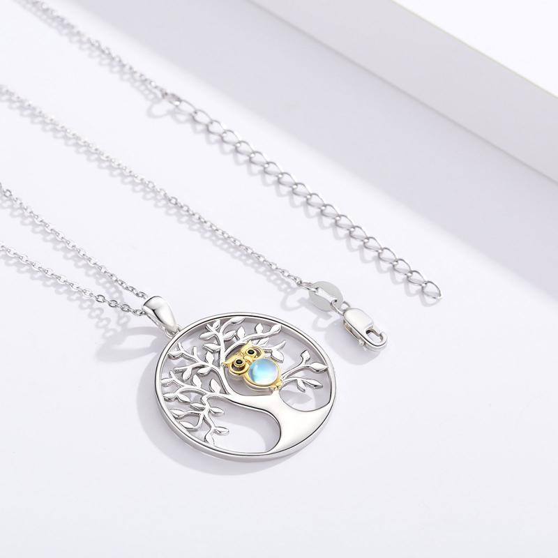 Sterling Silver Round Moonstone Owl & Tree Of Life Pendant Necklace-4
