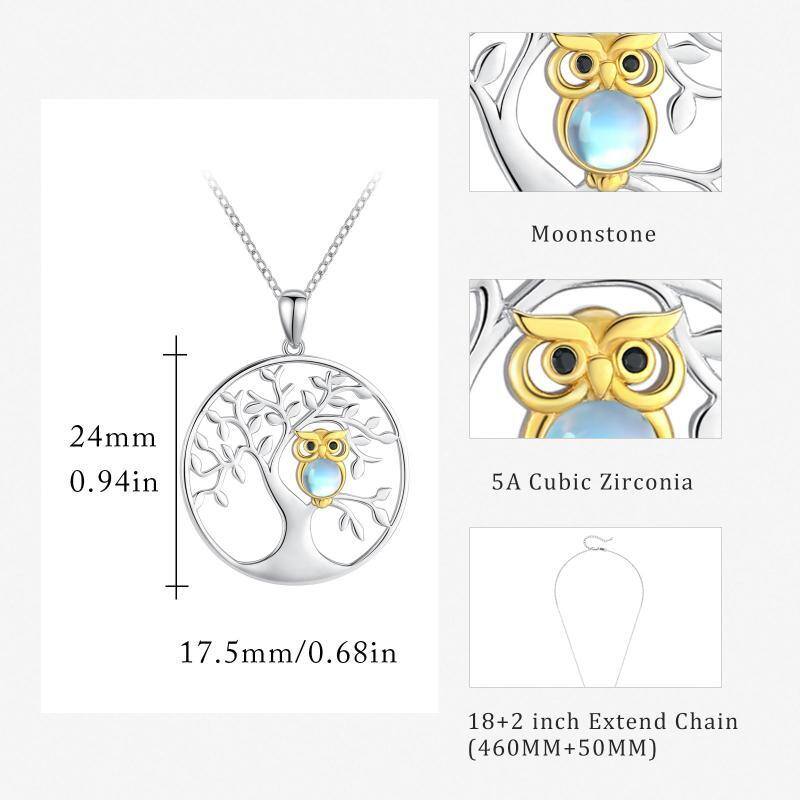 Sterling Silver Round Moonstone Owl & Tree Of Life Pendant Necklace-7