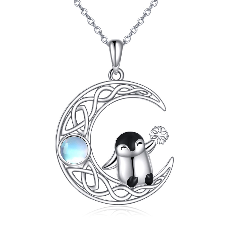 Sterling Silver Round Moonstone Penguin & Celtic Knot & Moon Pendant Necklace