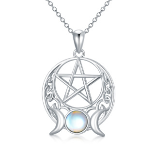 Sterling Silver Round Moonstone Pentagram & Triple Moon Goddess Pendant Necklace-54