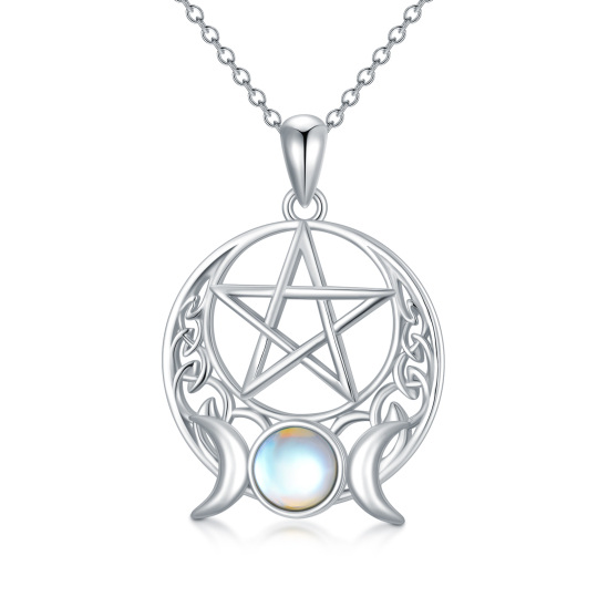 Sterling Silver Round Moonstone Pentagram & Triple Moon Goddess Pendant Necklace