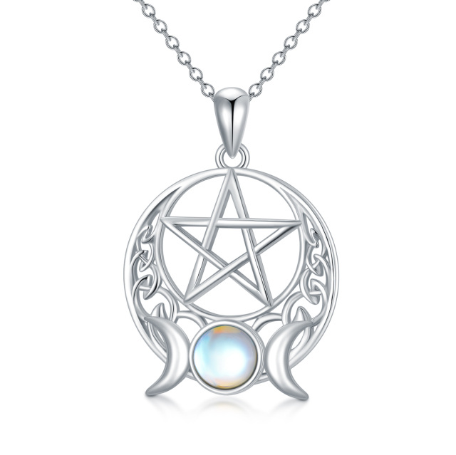 Sterling Silver Round Moonstone Pentagram & Triple Moon Goddess Pendant Necklace-5