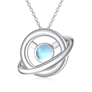 Sterling Silver Round Moonstone Planet Pendant Necklace-2