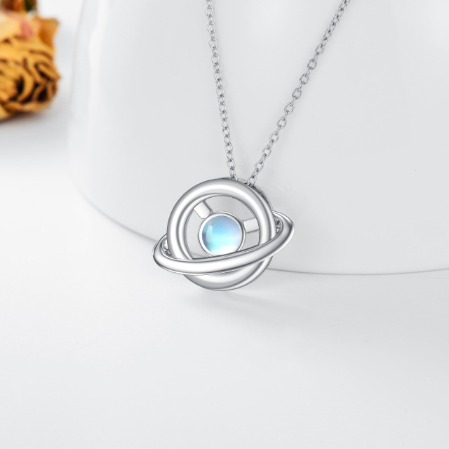 Sterling Silver Round Moonstone Planet Pendant Necklace-3