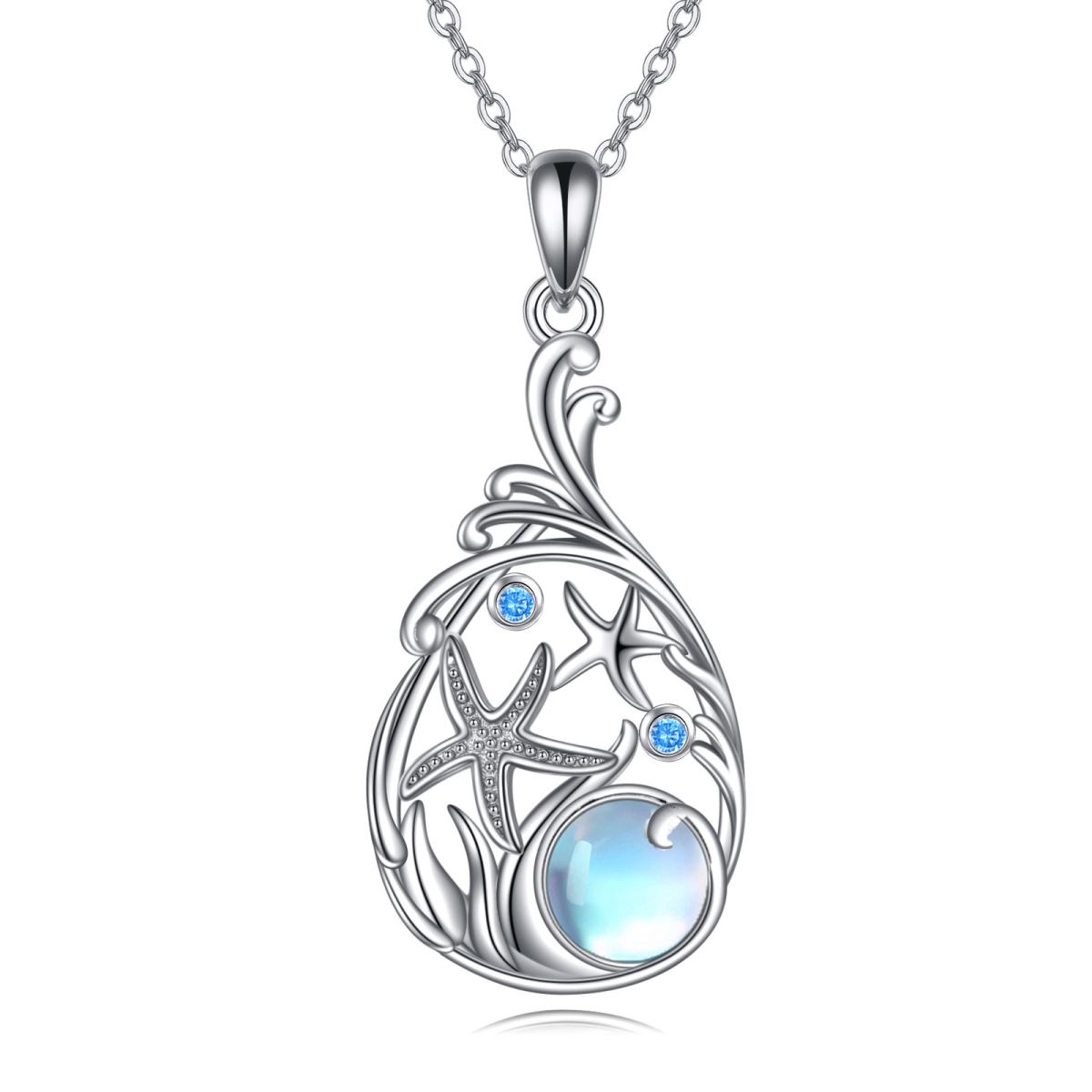 Sterling Silver Round Moonstone Starfish Pendant Necklace-1