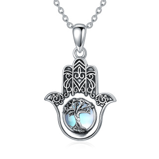 Sterling Silver Round Moonstone Tree Of Life & Hamsa Hand Pendant Necklace-4